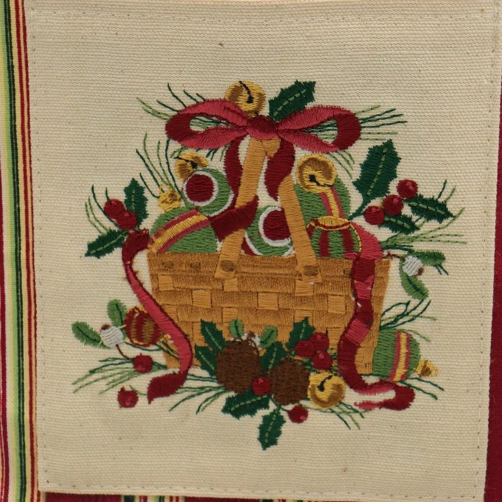 Longaberger Christmas Fabric Gift Bag Tote Holiday Holly Ribbon Basket Bells